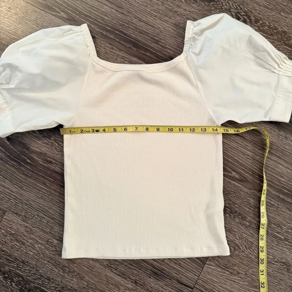 J. Crew Vintage rib top with cotton poplin puff sleeves